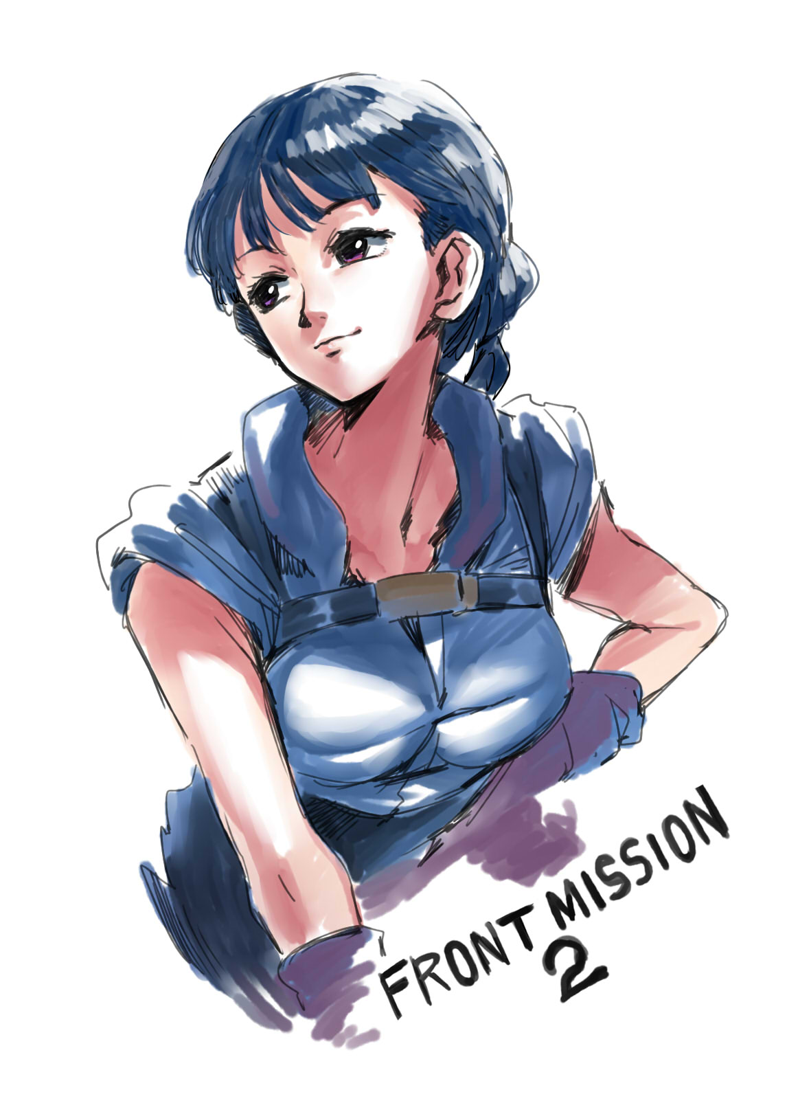 1girl amia_mccalum blue_hair breasts brown_eyes closed_mouth copyright_name front_mission highres short_hair simple_background smile solo tukiwani white_background
