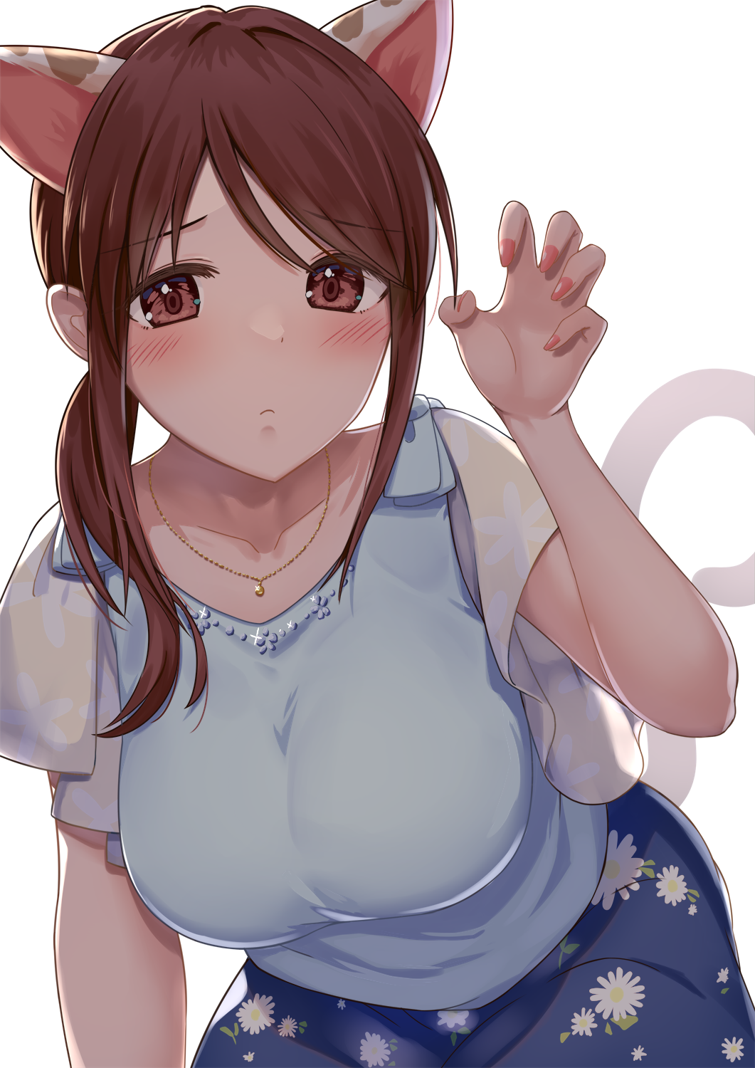 1girl animal_ears blue_skirt blush breasts cat_ears cat_tail collarbone extra_ears floral_print frown hair_over_shoulder hand_up highres idolmaster idolmaster_cinderella_girls kozeni_isari large_breasts looking_at_viewer mifune_miyu nail_polish nyan ponytail red_eyes redhead simple_background skirt solo tail white_background