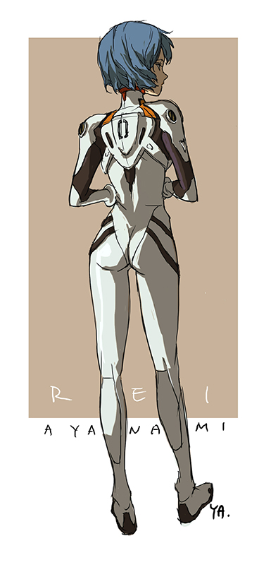 1girl ass ayanami_rei blue_hair border brown_background character_name commentary from_behind full_body ilkwagkim neon_genesis_evangelion plugsuit short_hair simple_background sketch solo standing white_border