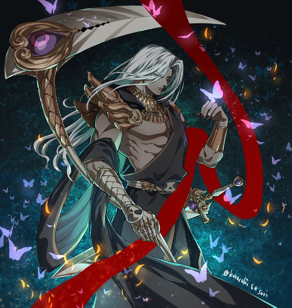 1boy alternate_hair_length alternate_hairstyle belt black_nails bug butterfly dark-skinned_male dark_skin gauntlets gorget greek_clothes hades_(game) kurosaki_sasori long_hair male_focus scythe single_gauntlet skull sword thanatos_(hades) twitter_username weapon white_hair yellow_eyes