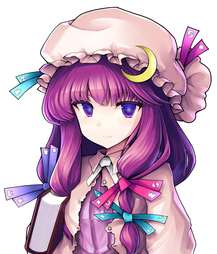 1girl book closed_mouth crescent crescent_hat_ornament dress ebizome eyebrows_visible_through_hair hat hat_ornament long_hair long_sleeves mob_cap patchouli_knowledge purple_dress purple_hair purple_headwear simple_background smile solo striped striped_dress touhou upper_body vertical-striped_dress vertical_stripes violet_eyes white_background