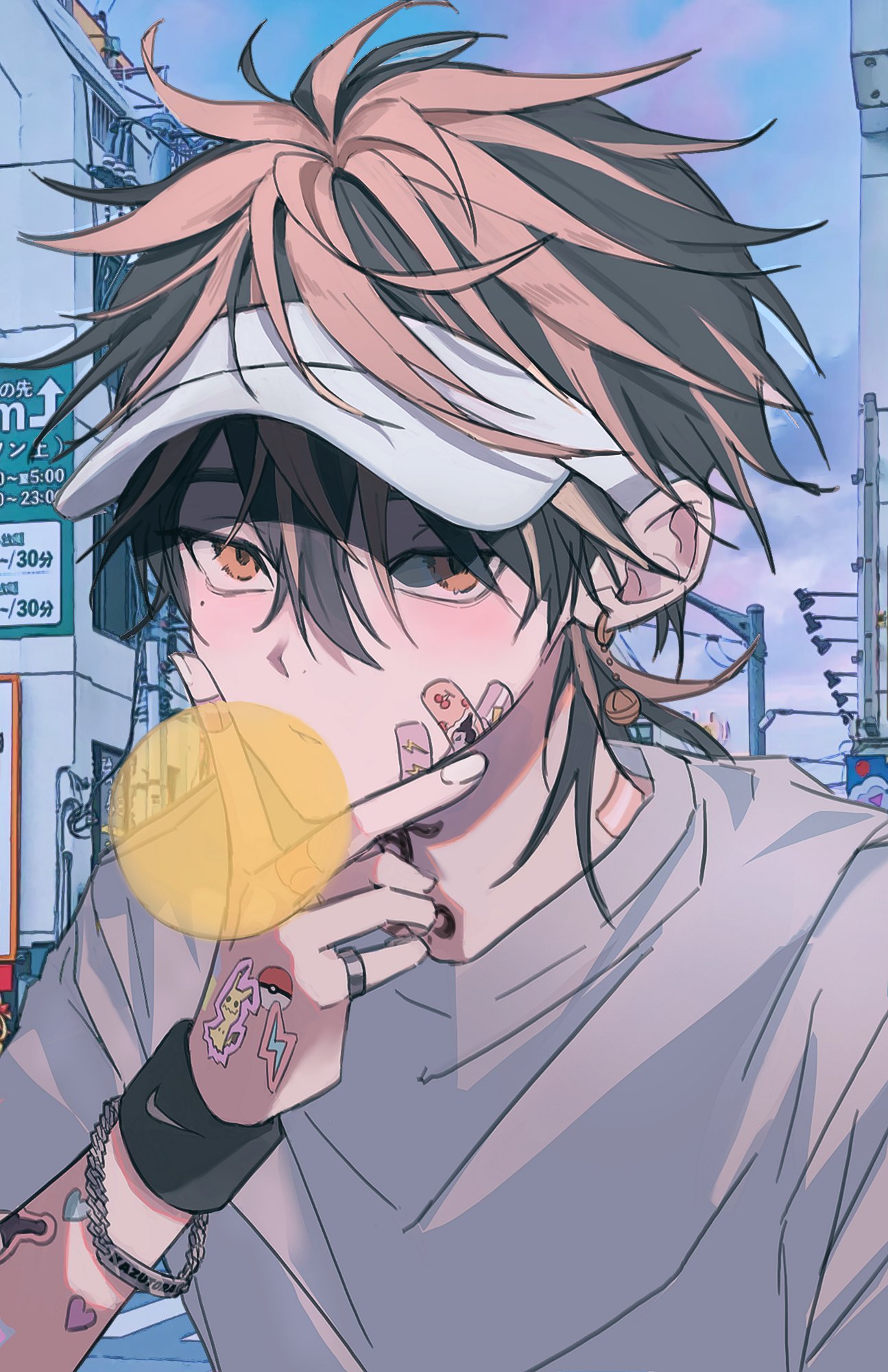 1boy bandaid bangs bell black_hair blonde_hair bubble_blowing chewing_gum clqndb_27 day earrings hair_between_eyes hand_up hanemiya_kazutora highres jewelry looking_at_viewer male_focus medium_hair mole mole_under_eye multicolored_hair outdoors ring shirt single_earring solo sticker tokyo_revengers two-tone_hair upper_body v visor_cap white_shirt wristband yellow_eyes