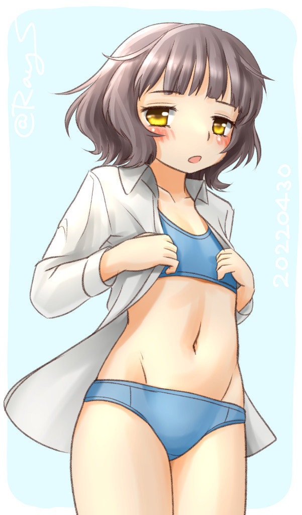 1girl ahoge bangs blue_bra blue_panties blunt_bangs bra brown_eyes brown_hair commentary_request cowboy_shot dress_shirt groin kantai_collection kishinami_(kancolle) navel one-hour_drawing_challenge open_clothes open_shirt panties ray.s shirt short_hair solo sports_bra standing underwear wavy_hair