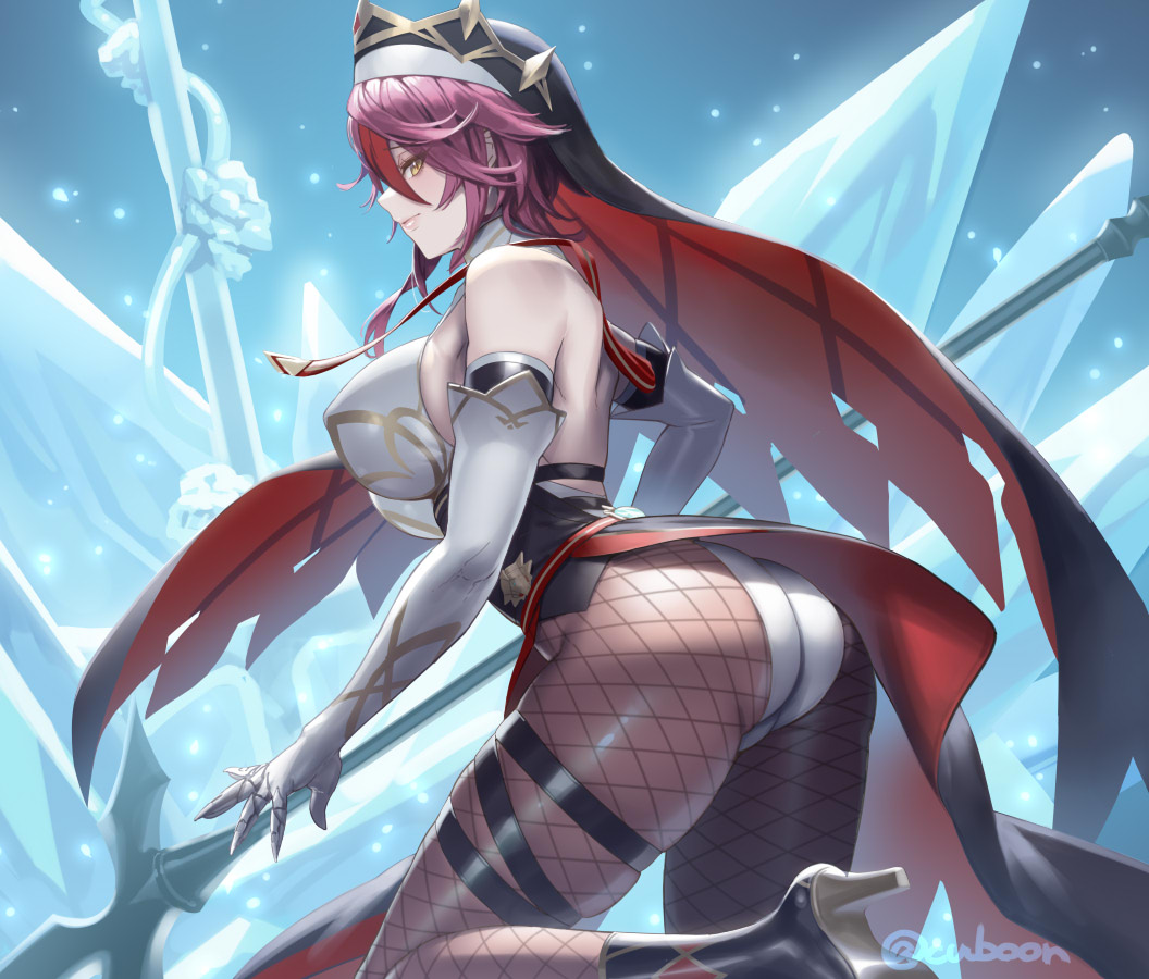 1girl ass bangs breasts cuboon fishnets genshin_impact habit ice large_breasts looking_at_viewer nun polearm rosaria_(genshin_impact) solo spear thighs two-tone_dress weapon