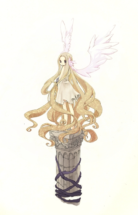 1girl angel_wings ayasa blonde_hair brown_hair closed_mouth column_lineup commentary_request dress expressionless full_body head_wings large_wings long_hair looking_at_viewer looking_back mistress_of_shelter ragnarok_online simple_background sleeveless sleeveless_dress solo standing very_long_hair white_background white_dress white_wings wings