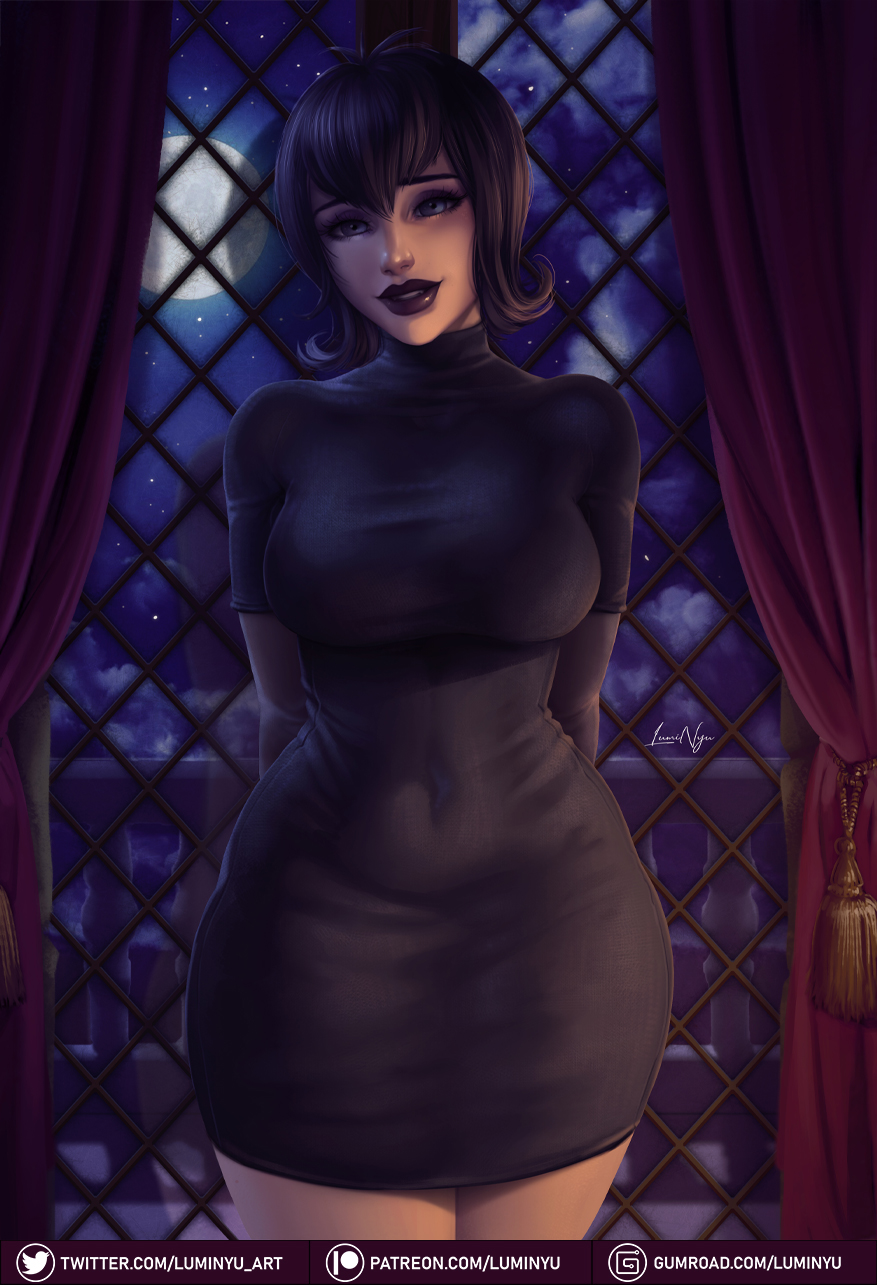 1girl antenna_hair arms_behind_back black_hair black_lips black_sweater blue_eyes breasts commentary covered_navel curly_hair curtains english_commentary full_moon gumroad_logo gumroad_username hair_between_eyes highres hotel_transylvania lips lipstick looking_at_viewer luminyu makeup mavis_dracula medium_breasts moon night paid_reward_available parted_lips patreon_logo patreon_username short_hair signature solo standing sweater tassel taut_sweater twitter_logo twitter_username web_address window