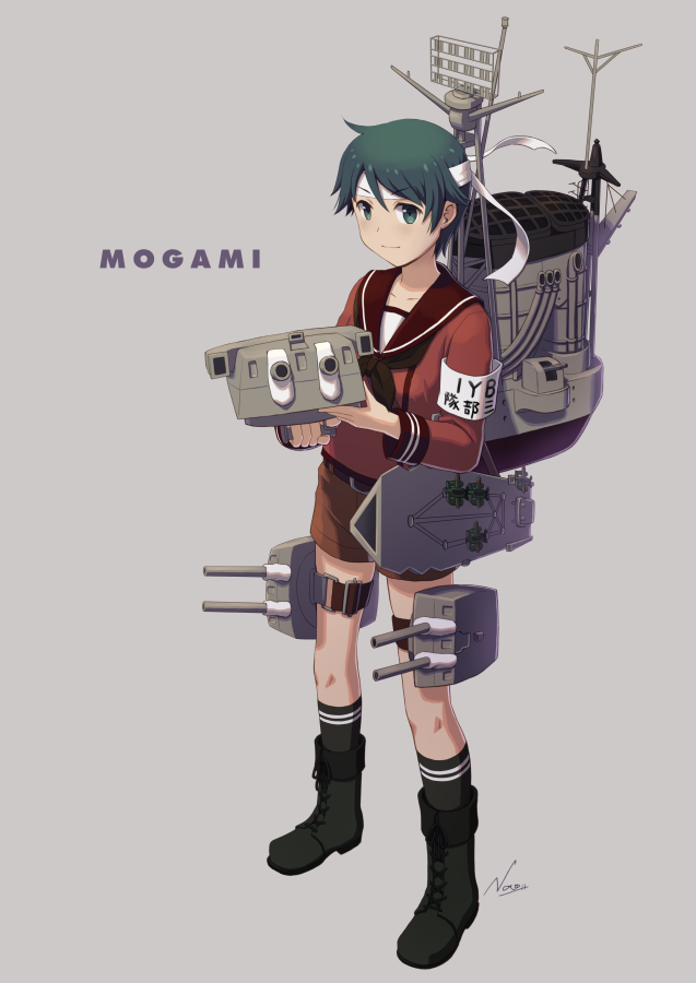 1girl adapted_turret armband black_legwear black_neckerchief boots brown_sailor_collar brown_serafuku brown_shorts cannon character_name clothes_writing commentary_request cross-laced_footwear green_eyes green_hair grey_background headband kantai_collection kneehighs lace-up_boots long_sleeves machinery mogami_(kancolle) nao_(nao_eg) neckerchief sailor_collar school_uniform serafuku short_hair shorts smokestack solo turret white_headband