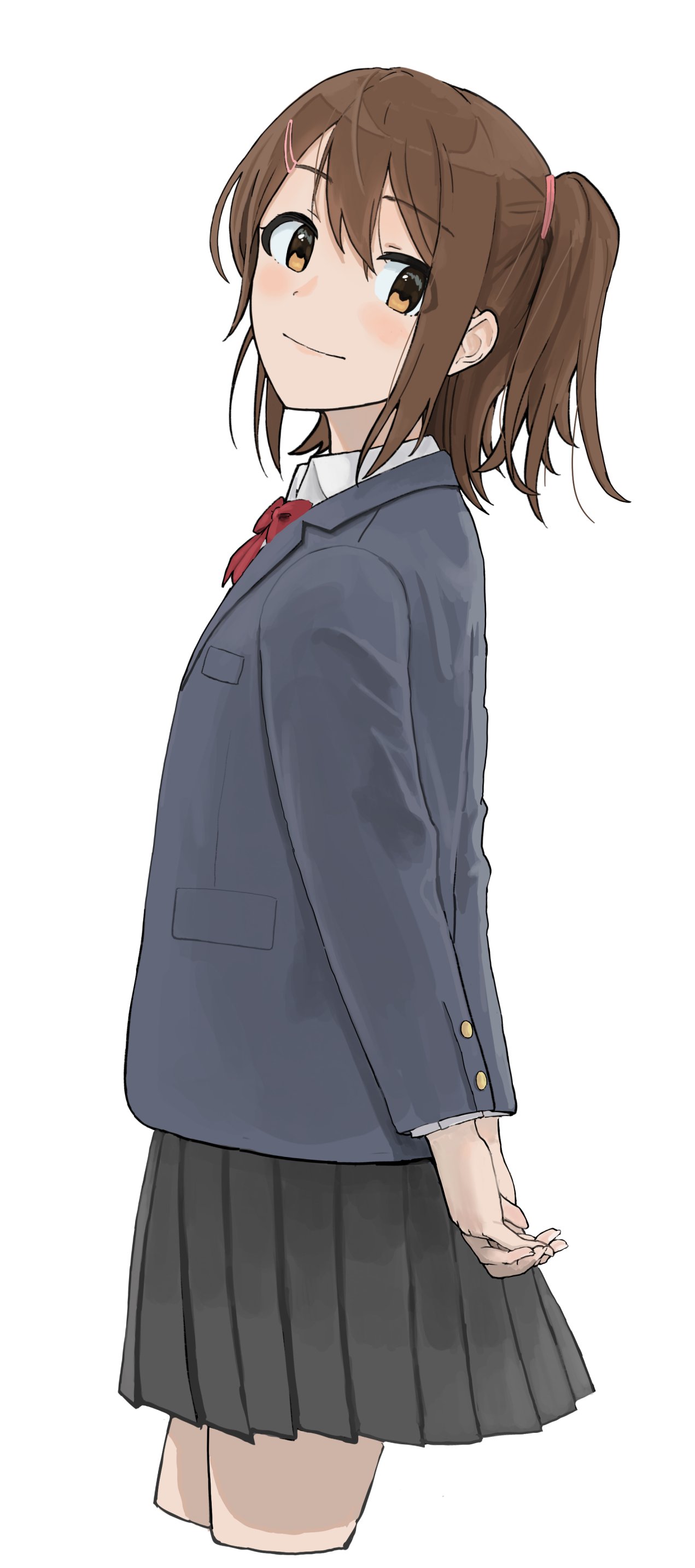 absurdres arms_behind_back bangs black_skirt blazer bow bowtie brown_eyes brown_hair buttons cropped_legs epitaph_(1122) eyebrows_visible_through_hair grey_jacket hair_between_eyes hair_ornament hairclip highres idolmaster idolmaster_million_live! jacket kasuga_mirai light_blush long_sleeves looking_back medium_hair own_hands_together pleated_skirt pocket red_bow red_bowtie school_uniform shirt side_ponytail sidelocks skirt smile solo thighs weapon white_shirt wing_collar