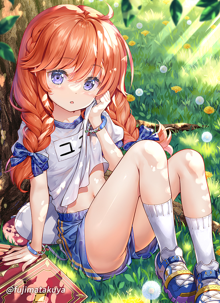 1girl ahoge arm_support bangs blue_bow blue_footwear blue_shorts blush book bow braid clothes_lift commentary_request eyebrows_visible_through_hair fujima_takuya gym_shirt gym_shorts gym_uniform hair_between_eyes hair_bow knees_up long_hair looking_at_viewer navel on_grass open_book orange_hair panties panties_under_shorts parted_lips plaid plaid_bow princess_connect! puffy_short_sleeves puffy_sleeves shirt shirt_lift shoes short_shorts short_sleeves shorts sitting socks solo tree twin_braids underwear violet_eyes white_legwear white_panties white_shirt yuni_(princess_connect!)