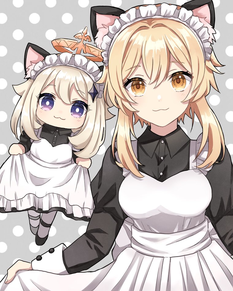 2girls :3 alternate_costume animal_ears apron bangs black_dress black_shirt blonde_hair cat_ears closed_mouth dress enmaided eyebrows_visible_through_hair genshin_impact juliet_sleeves long_sleeves looking_at_viewer lumine_(genshin_impact) maid maid_apron maid_headdress multiple_girls paimon_(genshin_impact) puffy_sleeves shirt short_hair short_hair_with_long_locks sidelocks skirt_hold smile su34ma white_apron yellow_eyes