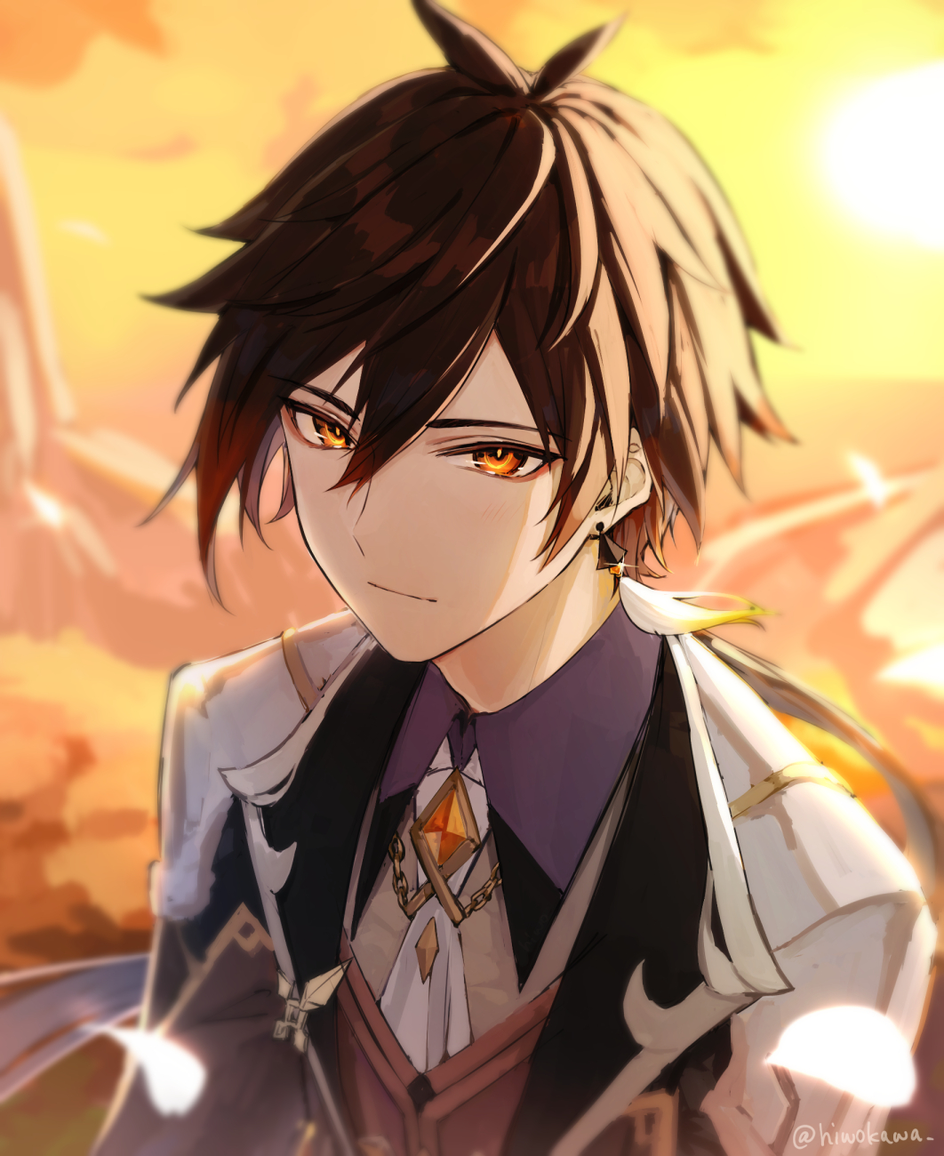 1boy antenna_hair bangs black_hair brown_hair brown_vest closed_mouth coat collared_shirt commentary_request diamond-shaped_pupils diamond_(shape) earrings falling_petals gem genshin_impact hair_between_eyes highres honotai jewelry light_smile long_hair looking_at_viewer low_ponytail male_focus multicolored_hair necktie orange_hair petals ponytail shirt single_earring solo symbol-shaped_pupils tassel tassel_earrings twitter_username upper_body vest white_necktie wing_collar zhongli_(genshin_impact)