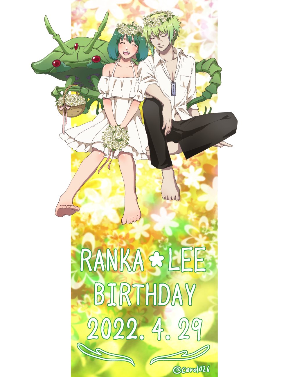 1boy 1girl alien barefoot black_pants bouquet brera_sterne cero_(cerocero) character_name closed_eyes collarbone collared_shirt dated dress flower flower_wreath green_hair happy_birthday highres holding holding_bouquet id_card macross macross_frontier pants ranka_lee shirt short_hair sitting smile soles white_dress white_shirt yellow_flower
