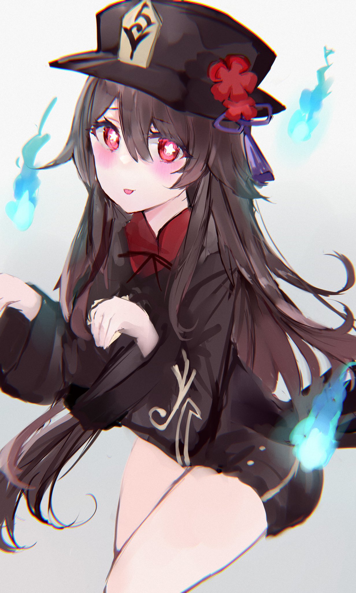 1girl :p black_headwear blue_fire blush brown_hair closed_mouth fire flower genshin_impact hair_between_eyes hat hat_flower highres hu_tao_(genshin_impact) long_hair long_sleeves looking_at_viewer mile_(off8mile) red_eyes smile solo standing star-shaped_pupils star_(symbol) symbol-shaped_pupils tongue tongue_out