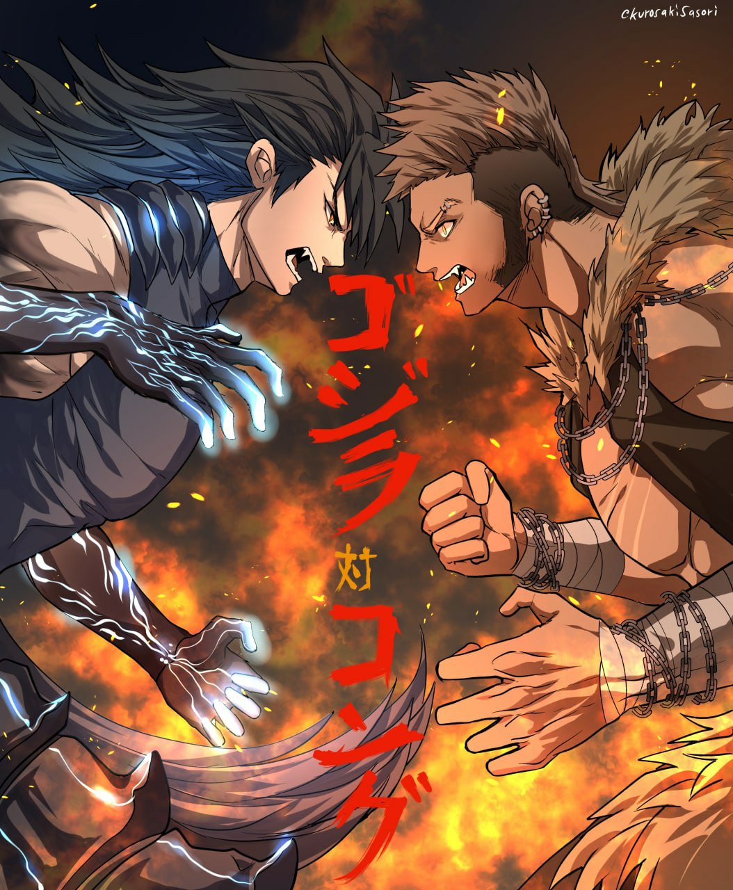 2boys black_hair brown_hair chain clenched_hand ear_piercing eye_contact eyebrow_piercing fangs from_side fur_trim godzilla godzilla_(series) godzilla_vs_kong highres king_kong king_kong_(series) kurosaki_sasori long_hair looking_at_another male_focus multiple_boys open_mouth personification piercing undercut very_long_hair vest yellow_eyes