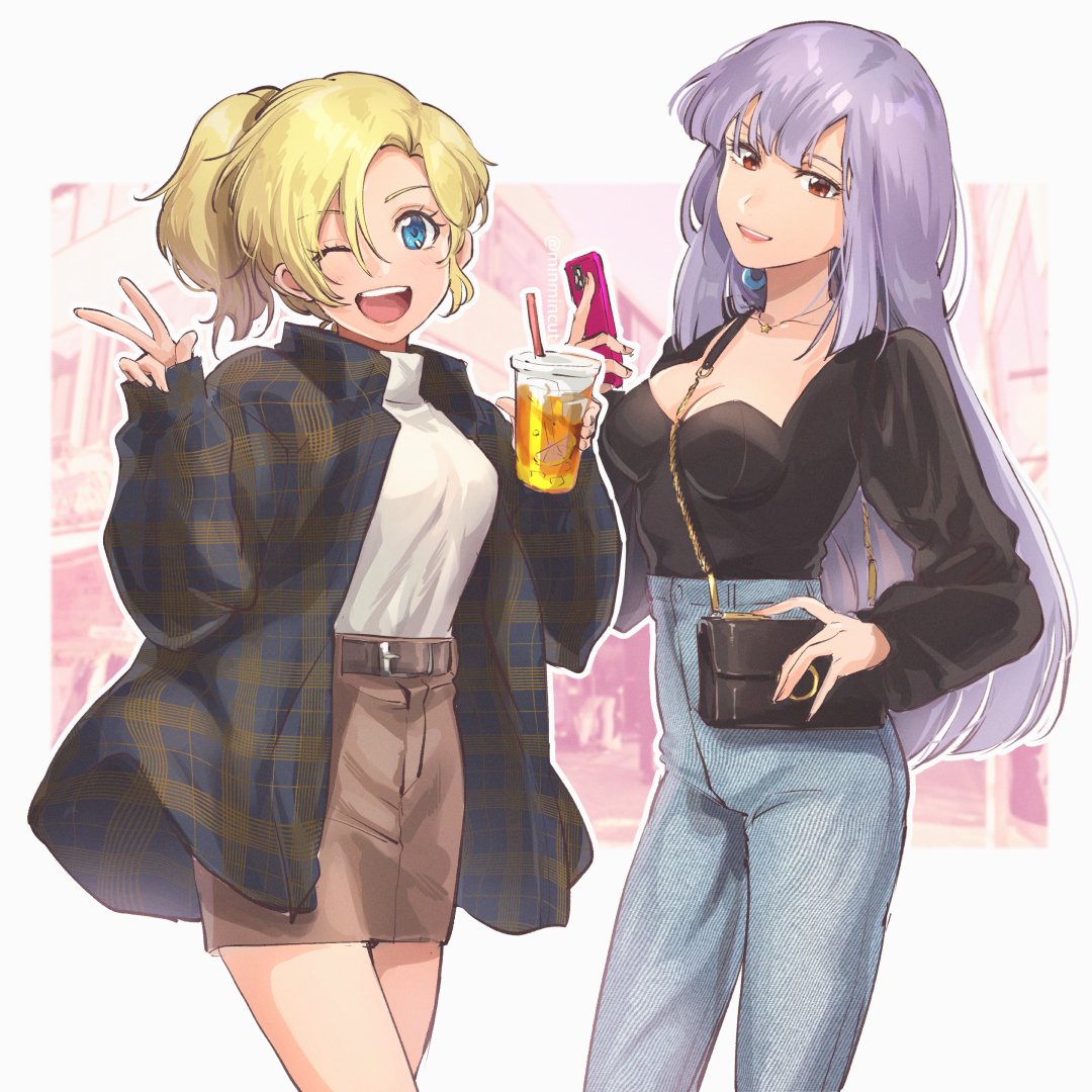 2girls alternate_costume bag belt black_belt blonde_hair blue_eyes breasts brown_eyes brown_skirt chanmura collarbone cup denim drinking_straw elle_vianno eyebrows_visible_through_hair gundam gundam_zz handbag head_tilt holding holding_cup jacket jeans long_hair medium_breasts multiple_girls one_eye_closed pants plaid plaid_jacket ponytail purple_hair roux_louka skirt smile sweater sweater_tucked_in white_sweater