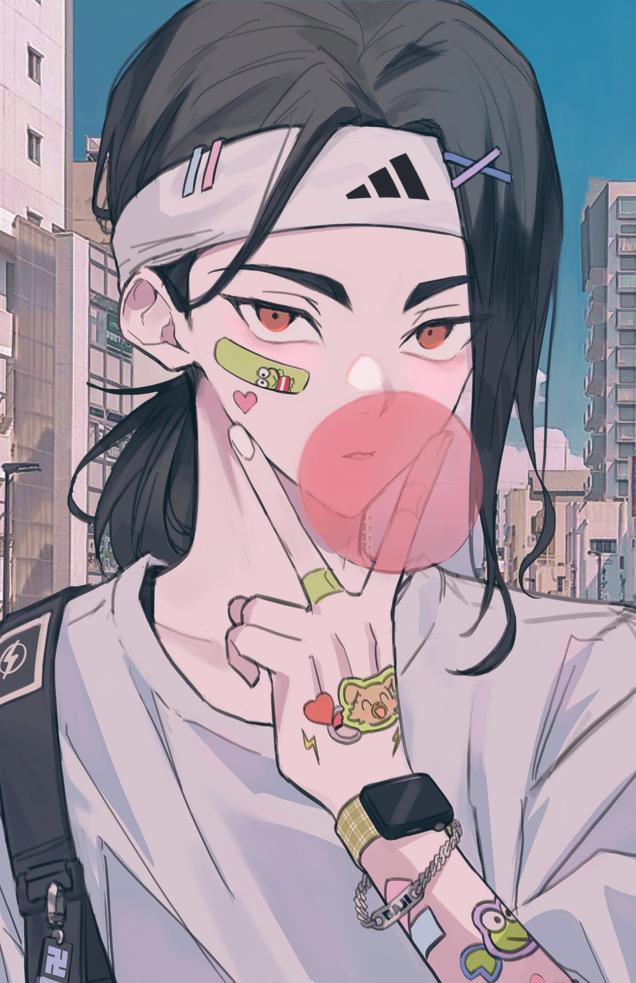 1boy baji_keisuke bandaid bandaid_on_face bangs black_hair bracelet brown_eyes bubble_blowing building chewing_gum city clqndb_27 day hand_up headband highres jewelry long_hair looking_at_viewer male_focus outdoors ponytail shirt smartwatch solo sticker tokyo_revengers tsurime upper_body v watch watch white_headband white_shirt