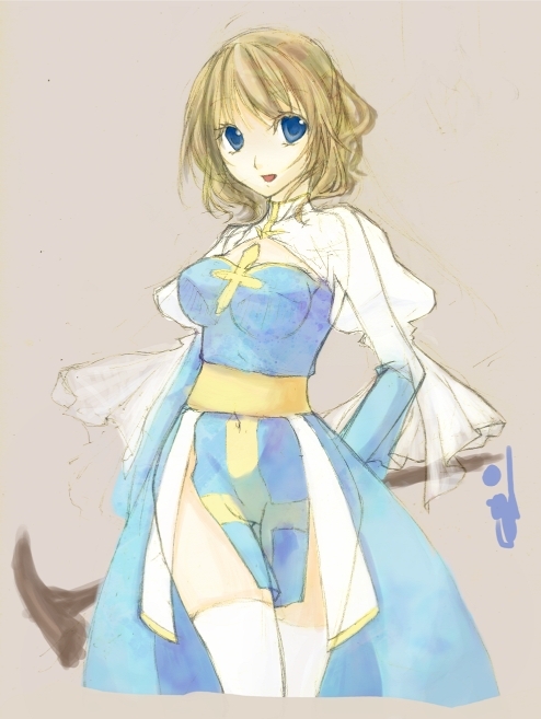 1girl arch_bishop_(ragnarok_online) ayasa bangs blonde_hair blue_dress blue_eyes breasts brown_background cleavage_cutout clothing_cutout commentary_request cowboy_shot cropped_legs cross dress eyebrows_visible_through_hair holding holding_staff looking_at_viewer medium_breasts open_mouth ragnarok_online sash short_hair simple_background smile solo staff thigh-highs two-tone_dress white_dress white_legwear yellow_sash