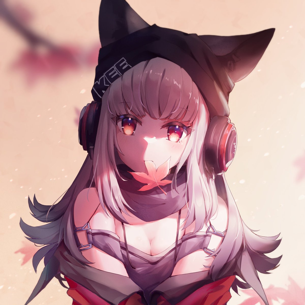 1girl animal_ears arknights backlighting bangs beanie blurry blurry_background branch breasts coat commentary_request detached_collar detached_sleeves ears_through_headwear eyebrows_visible_through_hair fox_ears fox_girl frostleaf_(arknights) gradient gradient_background grey_shirt happy_birthday hat head_tilt headphones highres hisaya_kii in_mouth leaf light_blush light_particles long_hair looking_at_viewer maple_leaf off-shoulder_shirt off_shoulder red_coat red_eyes shade shirt sidelocks solo upper_body white_hair