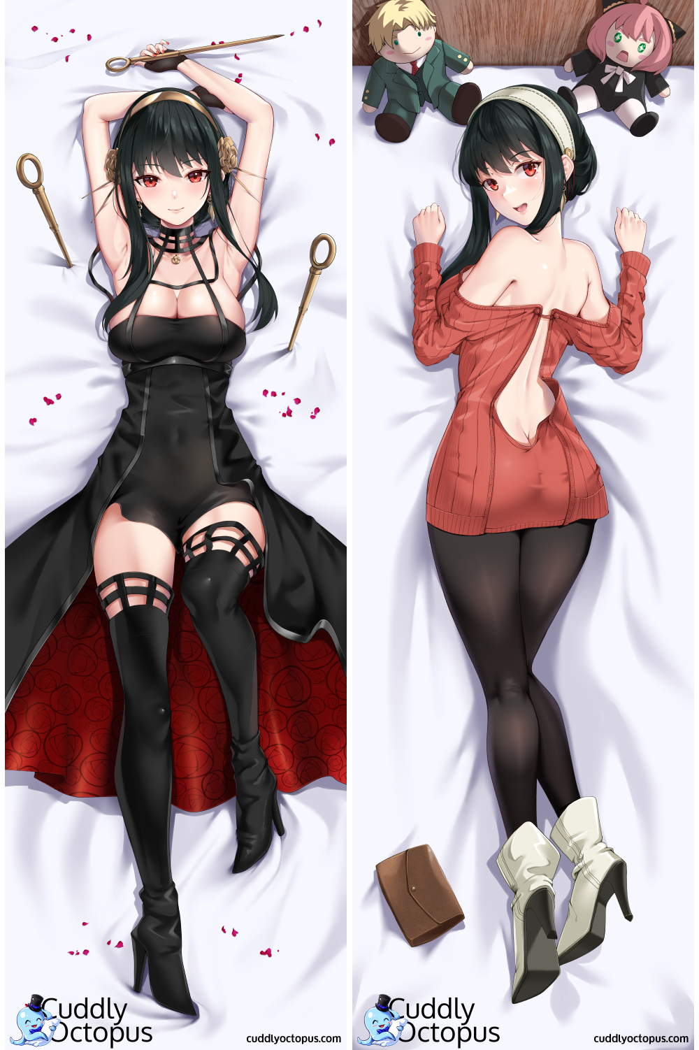 1girl :d anya_(spy_x_family) arm_behind_head armpits arms_up ass back back_cutout bag bare_shoulders bed_sheet black_dress black_gloves black_hair black_legwear boots breasts butt_crack closed_mouth clothing_cutout covered_navel dagger dakimakura_(medium) dress earrings fingerless_gloves floral_print gloves gold_earrings gold_hairband hairband handbag hands_up high_heel_boots high_heels highres holding holding_dagger holding_weapon jewelry knife large_breasts long_hair looking_at_viewer lying matrix16 multiple_views off-shoulder_sweater off_shoulder on_back on_stomach open_mouth planted planted_knife red_eyes red_sweater rose_hair_ornament rose_print sidelocks smile spikes spy_x_family stuffed_toy sweater thigh-highs thigh_boots thighs twilight_(spy_x_family) two-sided_dress weapon white_footwear white_hairband yor_briar