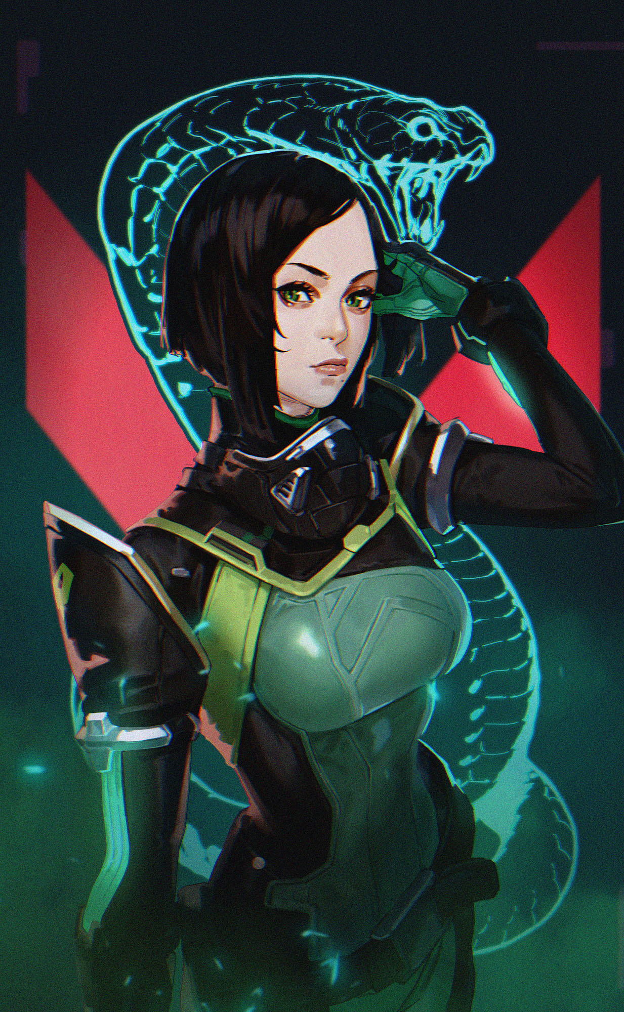 1girl black_gloves black_hair bodysuit breasts gloves glowing green_background green_bodysuit green_eyes hand_on_own_head highres looking_at_viewer medium_breasts passimo short_hair snake solo valorant viper_(valorant)