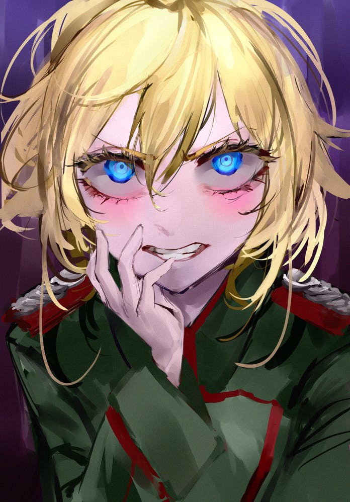 1girl blonde_hair blue_eyes blush clenched_teeth commission green_jacket hair_between_eyes hand_up jacket long_sleeves looking_at_viewer medium_hair mile_(off8mile) skeb_commission solo tanya_degurechaff teeth wide-eyed youjo_senki