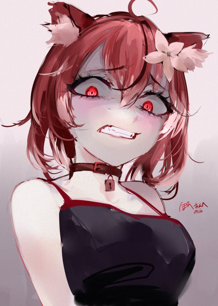 1girl ahoge animal_ear_fluff animal_ears bare_shoulders belt_collar blush cat_ears clenched_teeth collar commission disgust fangs grey_background hair_between_eyes looking_at_viewer medium_hair mile_(off8mile) red_eyes redhead scared skeb_commission solo teeth upper_body vrchat wide-eyed