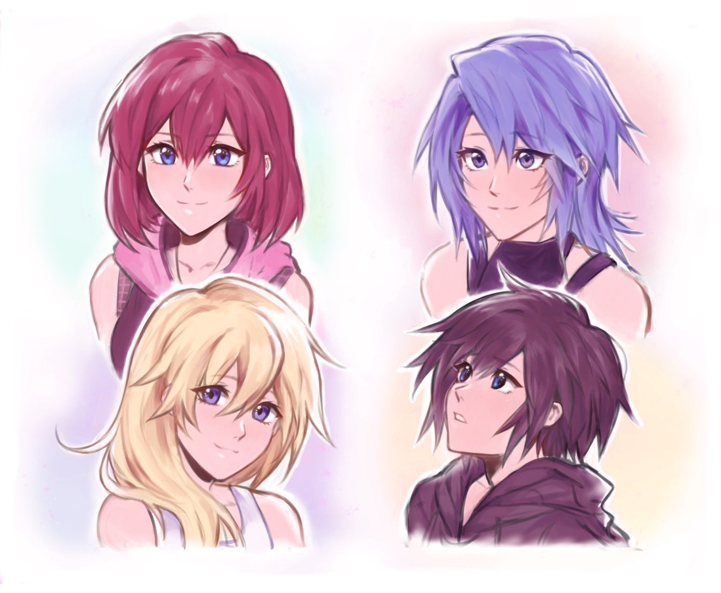 4girls aqua_(kingdom_hearts) black_cloak black_hair black_shirt blonde_hair blue_eyes blue_hair cloak dress hair_between_eyes hair_over_shoulder hood hood_down hoodie kairi_(kingdom_hearts) kingdom_hearts kivavis medium_hair multiple_girls namine parted_lips pink_hoodie portrait redhead shirt short_hair sleeveless sleeveless_hoodie sleeveless_shirt smile white_background white_dress xion_(kingdom_hearts)