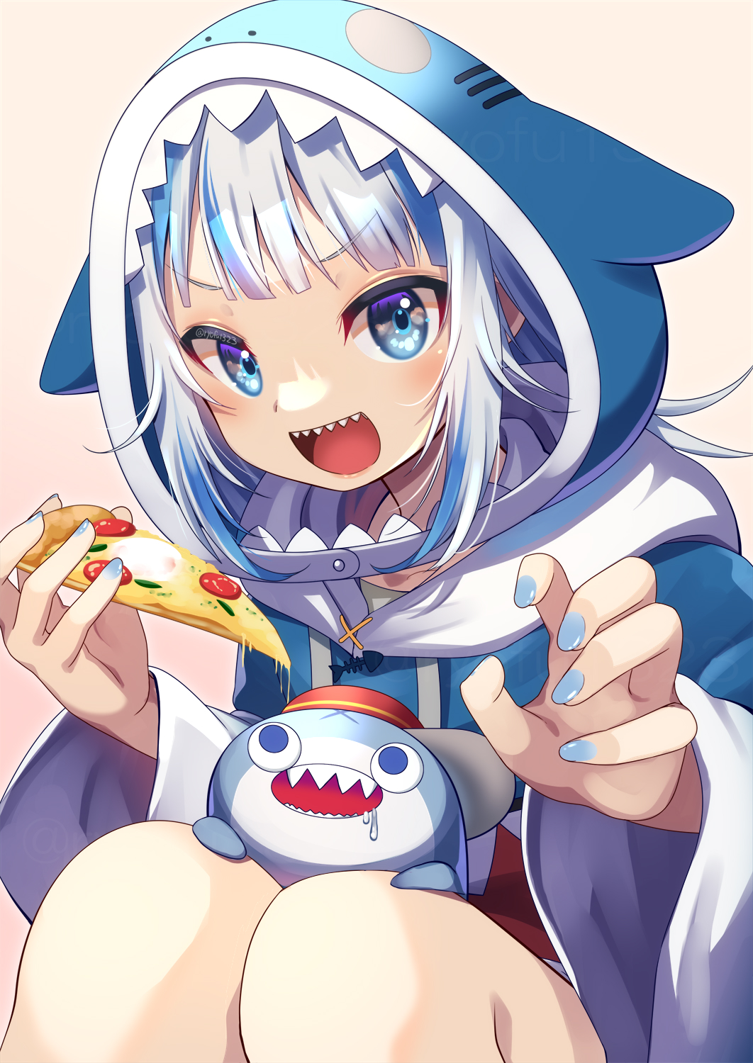 1girl :d animal_hood bangs bloop_(gawr_gura) blue_eyes blue_hair blunt_bangs claw_pose fish_skeleton food gawr_gura highres holding holding_food holding_pizza hololive hololive_english hood hoodie knees_to_chest long_sleeves looking_to_the_side medium_hair multicolored_hair nail_polish open_mouth pizza print_hoodie ryofuhiko shark_girl shark_hood sharp_teeth signature sitting smile solo streaked_hair teeth v-shaped_eyebrows white_hair