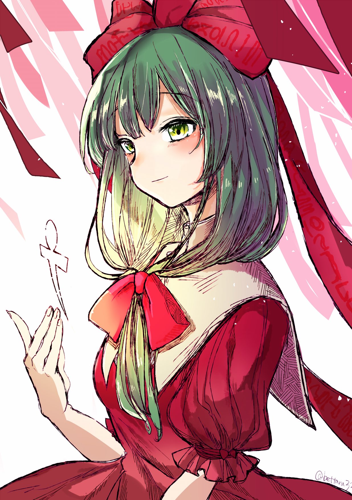 1girl bangs blush bow collar commentary_request dress green_eyes green_hair hair_bow hair_ribbon highres kagiyama_hina long_hair puffy_short_sleeves puffy_sleeves raised_eyebrows red_bow red_dress red_ribbon ribbon ryuuta_(akatukiryoka) short_sleeves signature smile solo touhou white_collar