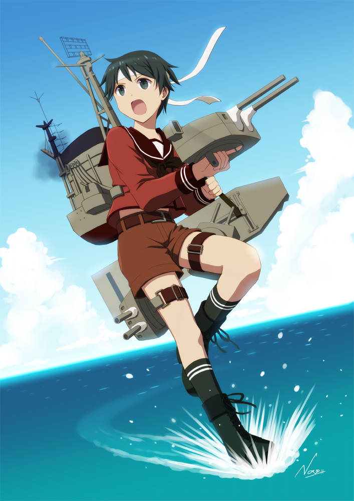 1girl adapted_turret black_hair black_legwear black_neckerchief blue_sky boots brown_sailor_collar brown_serafuku brown_shorts cannon clouds commentary_request commission cross-laced_footwear day green_eyes headband kantai_collection kneehighs lace-up_boots long_sleeves machinery mogami_(kancolle) nao_(nao_eg) neckerchief open_mouth outdoors sailor_collar school_uniform serafuku short_hair shorts skeb_commission sky smokestack solo turret white_headband