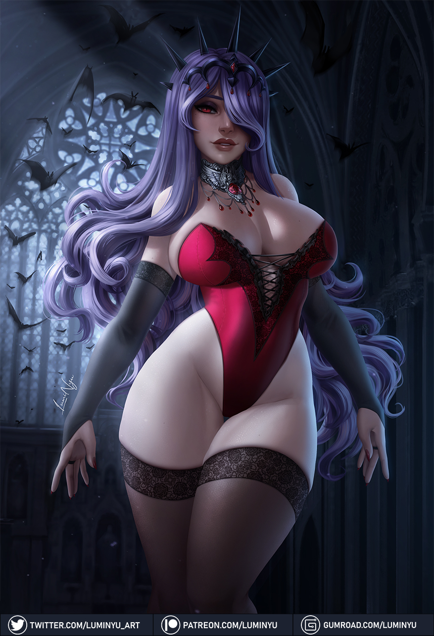 1girl alternate_costume arms_at_sides bare_shoulders bat black_gloves black_legwear breasts bridal_gauntlets camilla_(fire_emblem) commentary curly_hair elbow_gloves english_commentary fire_emblem fire_emblem_fates gem gloves gumroad_logo gumroad_username hair_ornament hair_over_one_eye highleg highleg_leotard highres indoors large_breasts legs_together leotard lips long_hair looking_at_viewer luminyu mole mole_on_breast nail_polish parted_lips patreon_logo patreon_username purple_hair red_eyes red_leotard red_nails solo standing strapless strapless_leotard thigh-highs thigh_gap thighs tiara twitter_logo twitter_username web_address