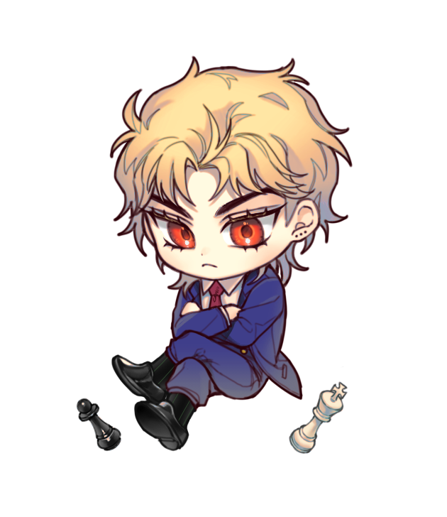 1boy blonde_hair chess_piece chibi child crossed_arms dio_brando eyelashes formal jojo_no_kimyou_na_bouken male_focus necktie phantom_blood ranch_jjba red_eyes solo suit younger