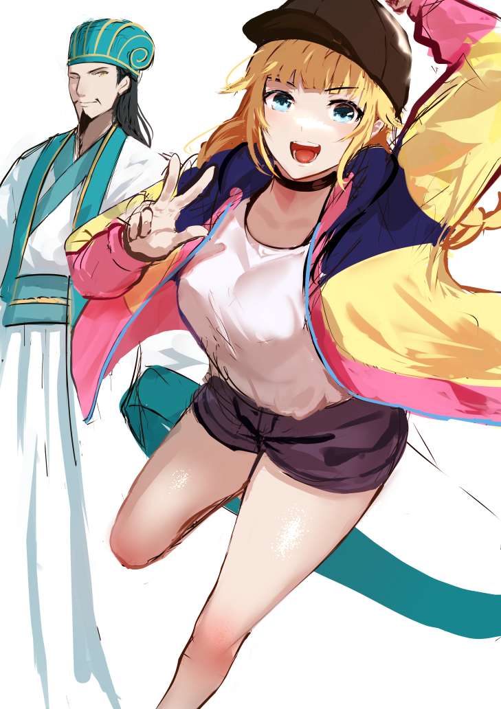 1boy 1girl arm_up bangs bare_legs beard black_hair blonde_hair blue_eyes chinese_clothes facial_hair hanfu hat jacket jikihatiman long_hair looking_at_viewer one_eye_closed open_mouth paripi_koumei peaked_cap shirt shorts smile standing standing_on_one_leg tsukimi_eiko victory_pose yellow_eyes zhuge_kongming_(paripi_koumei)