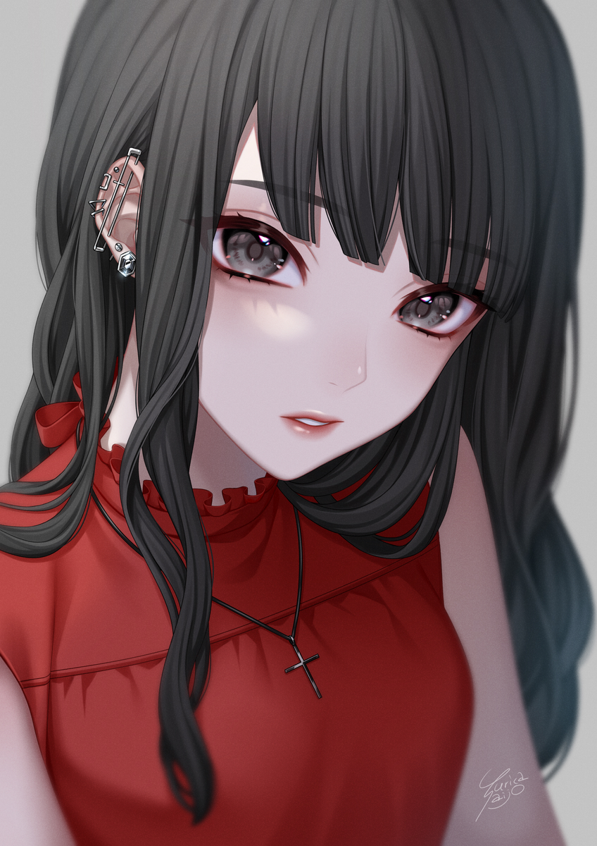 1girl bangs bare_shoulders black_eyes black_hair blunt_bangs blurry breasts ca_yu cross cross_necklace depth_of_field ear_piercing earrings eyebrows_visible_through_hair eyelashes frilled_shirt_collar frills grey_background highres jewelry long_hair looking_at_viewer looking_up necklace original parted_lips piercing red_lips red_shirt safety_pin screw shirt signature simple_background sleeveless sleeveless_shirt solo upper_body