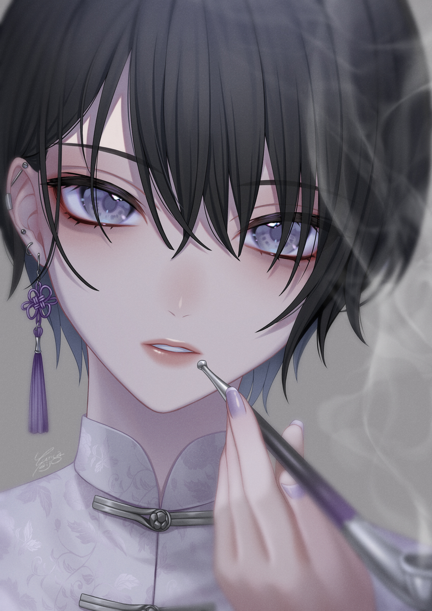 1girl bangs black_hair ca_yu chinese_clothes ear_piercing earrings eyelashes eyeshadow grey_background grey_eyes hair_over_eyes hand_up highres holding holding_pipe jewelry kiseru looking_at_viewer makeup nail_polish original parted_lips piercing pipe portrait purple_nails red_lips short_hair signature simple_background smoke smoking solo tassel tassel_earrings toggles