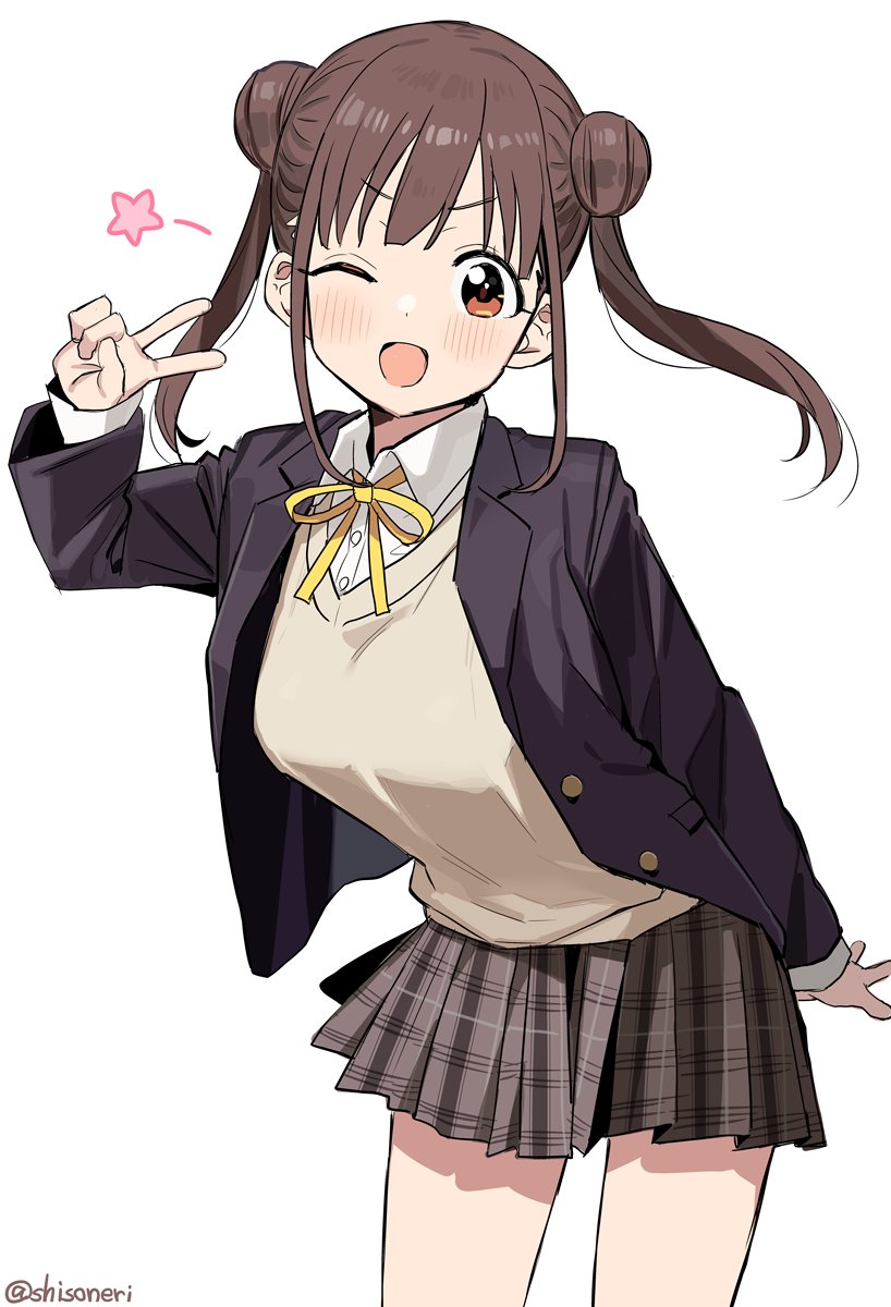 arm_behind_back bangs black_jacket blazer blush breasts brown_eyes brown_hair brown_skirt checkered_clothes checkered_skirt dot_nose double_bun hand_up highres idolmaster idolmaster_shiny_colors jacket long_sleeves medium_breasts neck_ribbon one_eye_closed open_clothes open_jacket open_mouth ribbon shisoneri skirt smile solo sonoda_chiyoko star_(symbol) thighs twitter_username v v-shaped_eyebrows vest white_background wing_collar yellow_ribbon