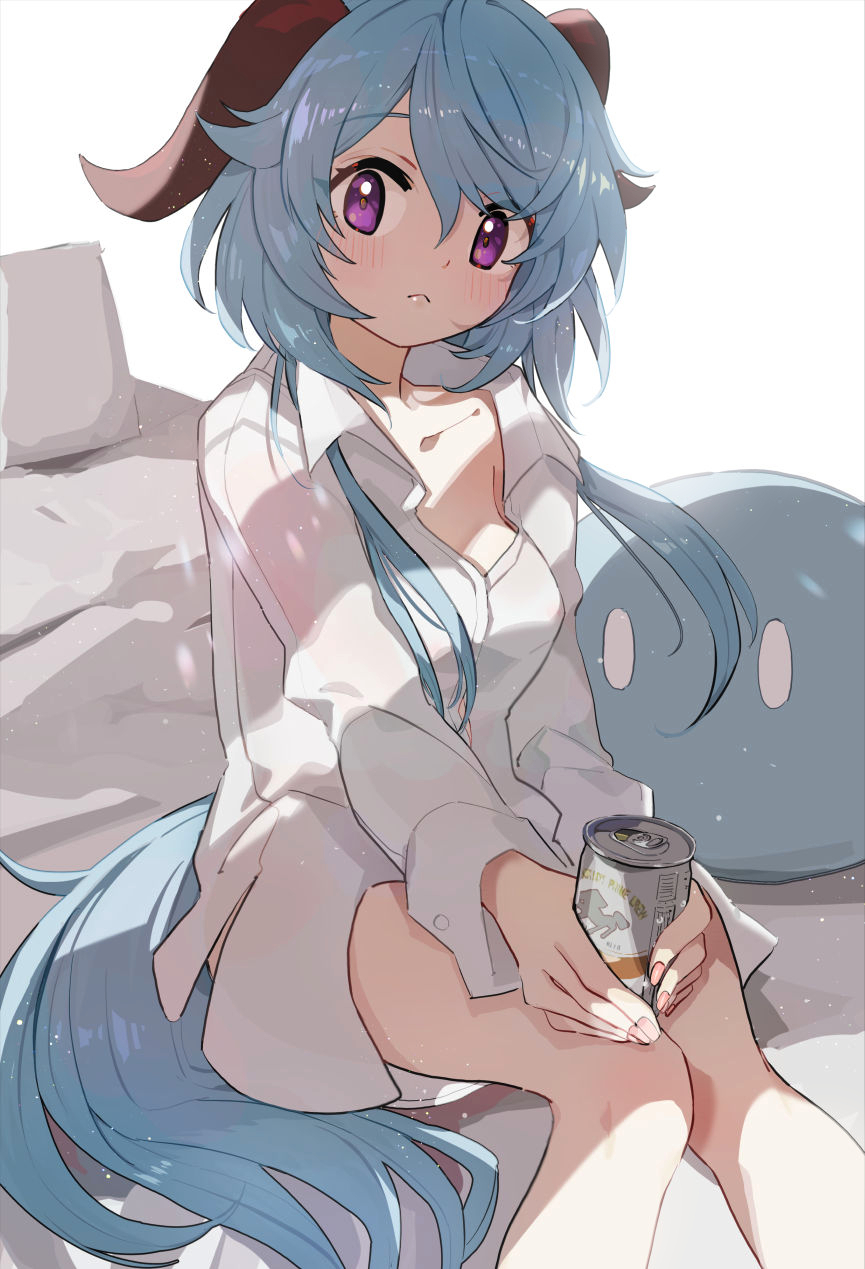 1girl bangs blue_hair breasts can closed_mouth collarbone collared_shirt commentary_request dress_shirt eyebrows_visible_through_hair feet_out_of_frame ganyu_(genshin_impact) genshin_impact hair_between_eyes highres holding holding_can horns knees_together_feet_apart long_hair long_sleeves looking_at_viewer medium_breasts nail_polish naked_shirt pink_nails shadowsinking shirt simple_background sitting slime_(genshin_impact) solo very_long_hair violet_eyes white_background white_shirt