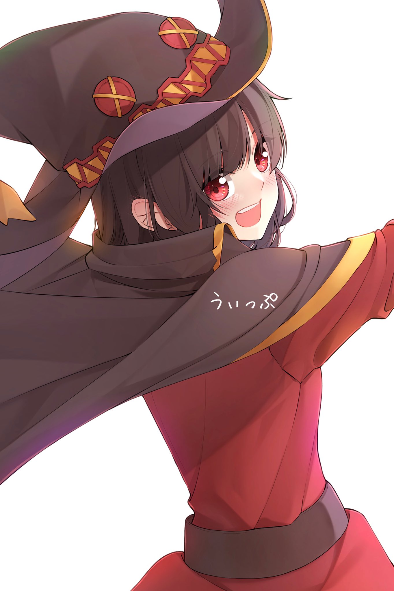 1girl belt black_cape black_hair black_headwear brown_belt cape commentary dress floating_cape from_behind hat highres kono_subarashii_sekai_ni_shukufuku_wo! looking_at_viewer looking_back megumin red_dress red_eyes sarasara_shoyu short_hair simple_background solo translated upper_body white_background witch_hat