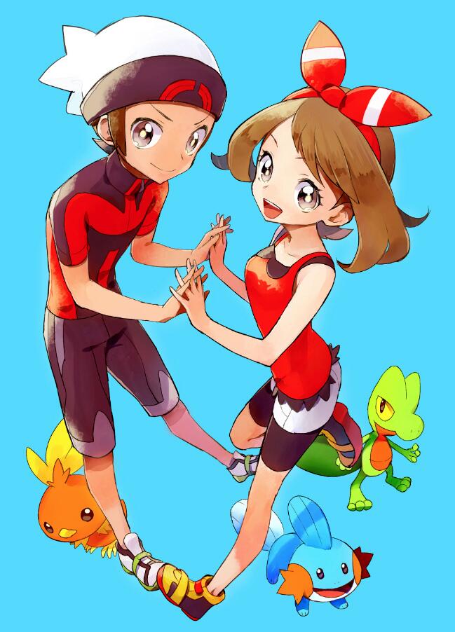 1boy 1girl :d beanie bike_shorts bike_shorts_under_shorts blue_background bow_hairband brendan_(pokemon) brown_hair closed_mouth commentary_request grey_eyes hairband hat interlocked_fingers kurochiroko leg_up may_(pokemon) medium_hair mudkip open_mouth pokemon pokemon_(game) pokemon_oras shirt shoes short_hair short_shorts short_sleeves shorts simple_background sleeveless sleeveless_shirt smile sneakers starter_pokemon_trio teeth tight tight_shirt tongue torchic treecko turtleneck upper_teeth white_footwear white_headwear white_shorts yellow_footwear zipper_pull_tab