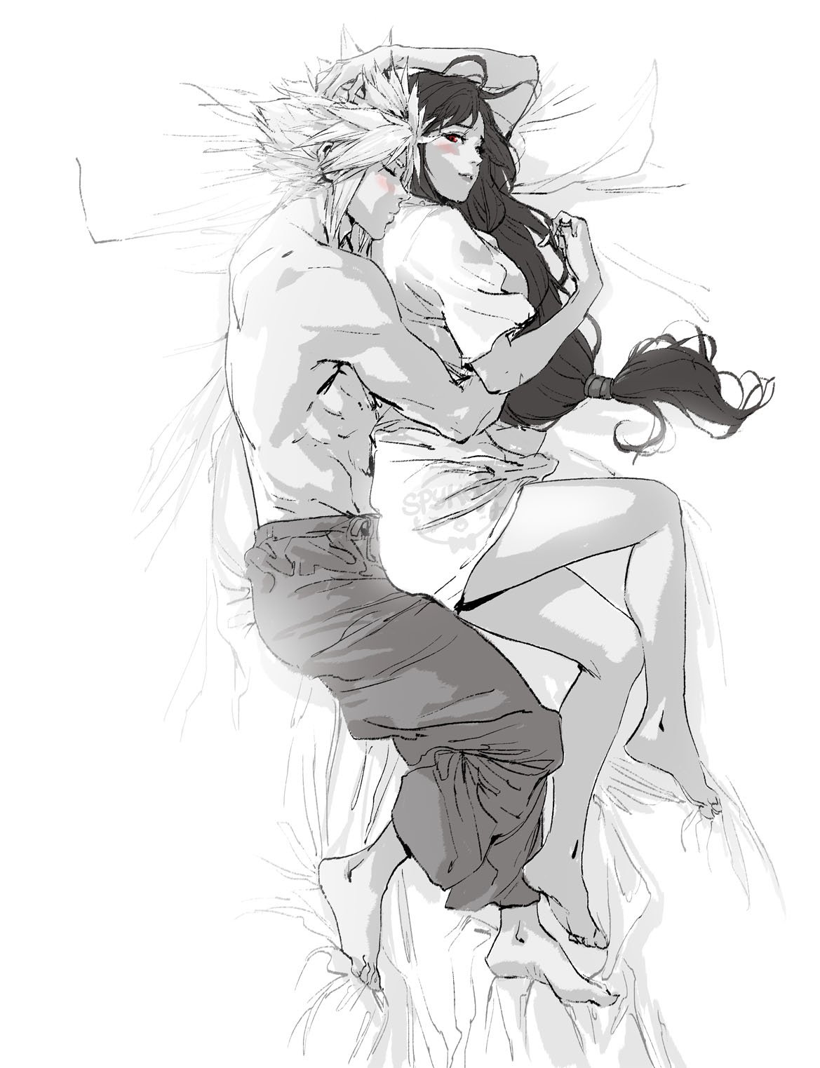 1boy 1girl barefoot bed bed_sheet black_hair blush cloud_strife couple cuddling feet final_fantasy final_fantasy_vii final_fantasy_vii_remake full_body highres hug hug_from_behind long_hair low-tied_long_hair lying muscular muscular_male on_side oversized_clothes oversized_shirt red_eyes shirt spiky_hair spykeee tifa_lockhart topless_male