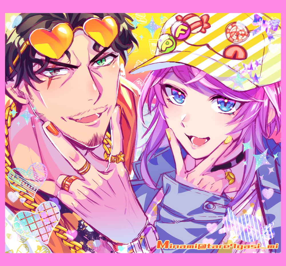 2boys amayado_rei amemura_ramuda black_hair blue_eyes choker facial_hair heart heart-shaped_eyewear heterochromia hypnosis_mic jacket jewelry multiple_boys nail_polish open_mouth pink_hair ring scar scar_across_eye short_hair sidelocks tare7gasi_mi watch