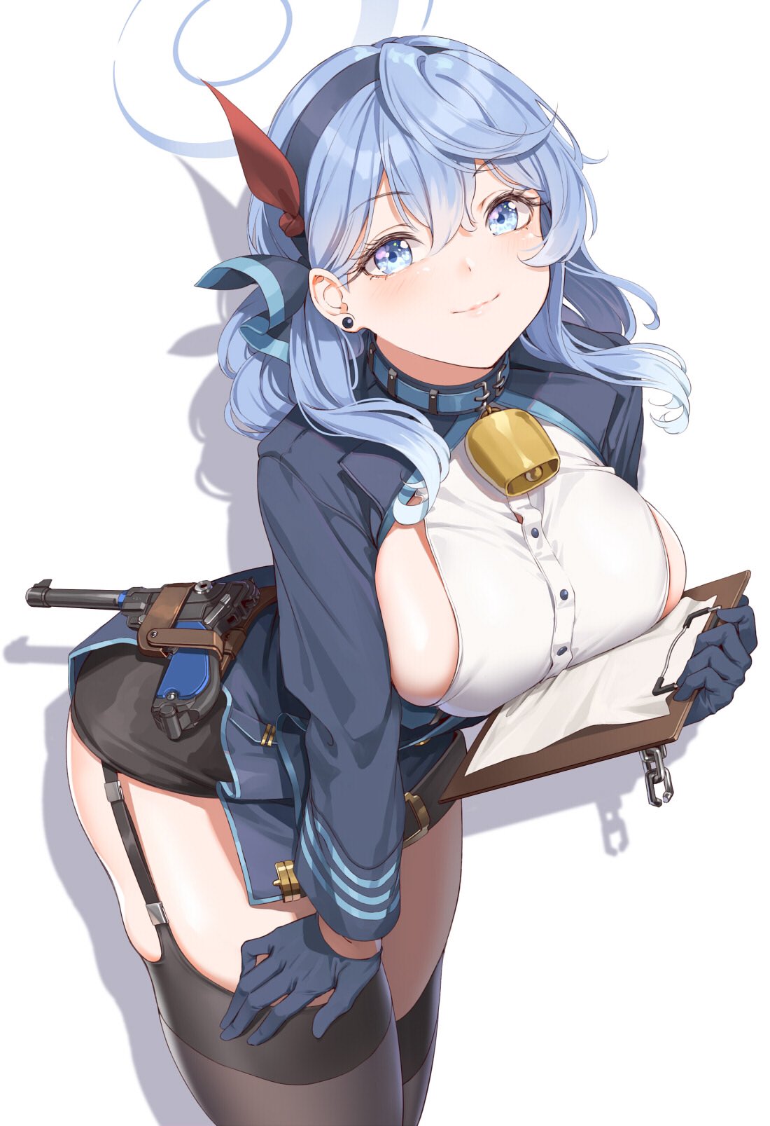 1girl ako_(blue_archive) bangs bell bent_over black_gloves black_legwear black_skirt blue_archive blue_coat blue_eyes blue_hair blue_hairband blush breasts chain clipboard coat earrings eyebrows_visible_through_hair fangxiang_cuoluan garter_straps gloves gun hair_between_eyes hair_ribbon hairband half_gloves halo handgun highres holster holstered_weapon jewelry large_breasts long_hair long_sleeves looking_at_viewer luger_p08 miniskirt neck_bell red_ribbon ribbon sideboob simple_background skirt solo thigh-highs weapon
