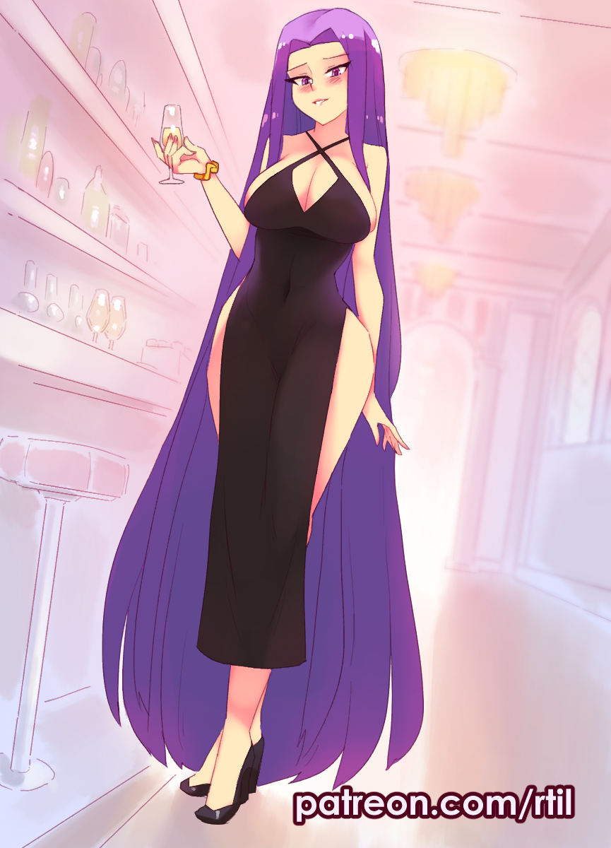 1girl bare_arms bare_shoulders black_footwear blush breasts commentary covered_navel fate/grand_order fate_(series) full_body high_heels highres indoors large_breasts long_hair looking_at_viewer medusa_(fate) medusa_(lancer)_(fate) no_bra no_panties parted_lips purple_hair rtil shoes side_slit smile solo very_long_hair violet_eyes