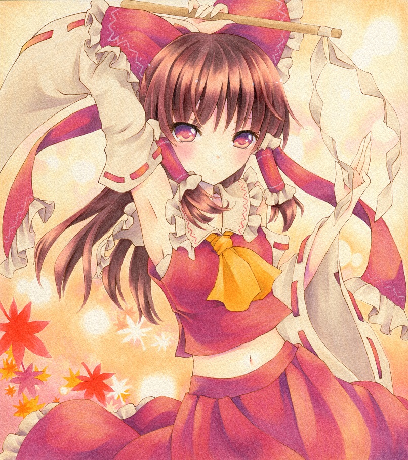 1girl arm_up armpits ascot bangs bow breasts brown_hair closed_mouth collar cowboy_shot detached_sleeves frilled_bow frilled_collar frills gohei hair_bow hair_tubes hakurei_reimu holding leaf long_hair looking_at_viewer maple_leaf marker_(medium) midriff navel nontraditional_miko red_bow red_eyes red_skirt red_vest ribbon_trim skirt skirt_set small_breasts solo touhou traditional_media vest wassmint wide_sleeves yellow_ascot