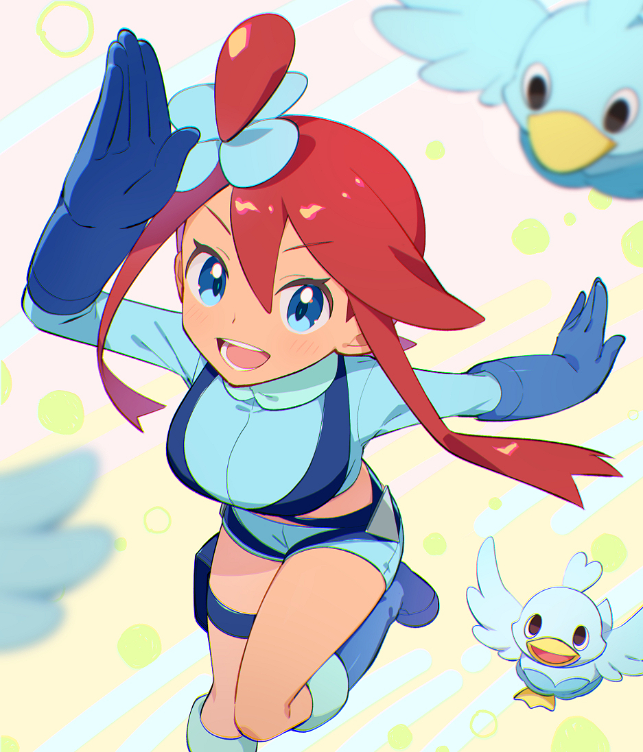 1girl :d arm_up blue_eyes blue_footwear blue_gloves blue_jacket blue_shorts blurry blush boots commentary_request cropped_jacket ducklett eyelashes gloves hair_ornament jacket kurochiroko leg_up looking_at_viewer one_side_up open_mouth pokemon pokemon_(creature) pokemon_(game) pokemon_bw redhead short_hair_with_long_locks short_shorts shorts sidelocks skyla_(pokemon) smile teeth thigh_pouch tongue turtleneck