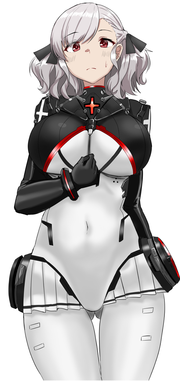 1girl aizawa_u-ji breasts cosplay frown girls_frontline grey_hair highres hk416_(midnight_evangelion)_(girls'_frontline) hk416_(midnight_evangelion)_(girls'_frontline)_(cosplay) large_breasts medium_hair navel plugsuit red_eyes skin_tight solo spas-12_(girls'_frontline) sweatdrop twintails