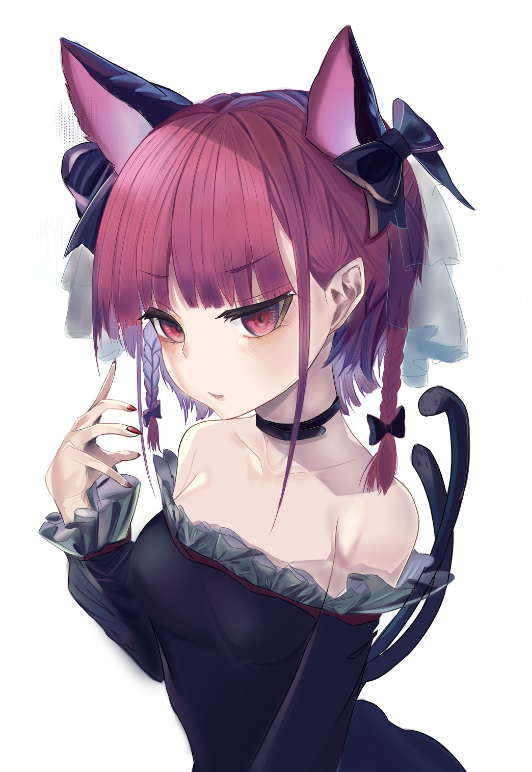 1girl adapted_costume animal_ears bangs bare_shoulders black_bow black_collar black_dress blunt_bangs border bow braid breasts cat_ears collar collarbone commentary_request dress extra_ears eyebrows_visible_through_hair frilled_dress frilled_sleeves frills hand_up highres hito_komoru kaenbyou_rin light_blush long_sleeves medium_hair multiple_tails nail_polish nekomata off-shoulder_dress off_shoulder outside_border parted_lips pillarboxed red_eyes red_nails redhead sidelocks simple_background small_breasts solo tail touhou twin_braids two_tails upper_body white_background