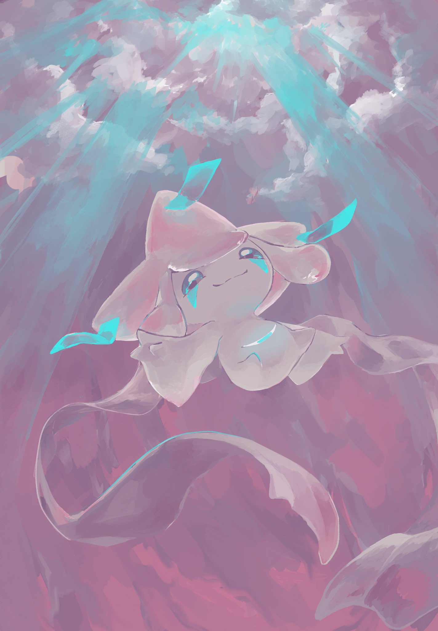 closed_mouth clouds cloudy_sky commentary_request from_below half-closed_eyes highres jirachi looking_down no_humans outdoors penurodae pokemon pokemon_(creature) sky smile solo