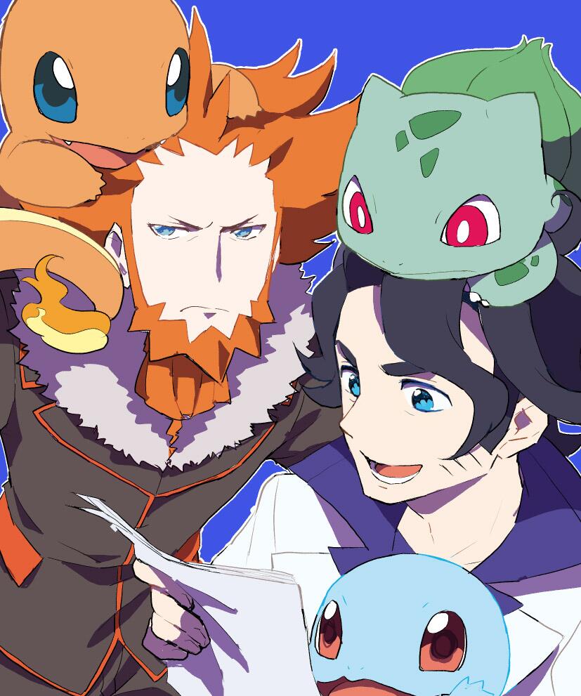 2boys :d augustine_sycamore beard black_hair blue_background blue_eyes bulbasaur charmander commentary_request curly_hair facial_hair fur-trimmed_jacket fur_trim jacket kurochiroko labcoat lower_teeth lysandre_(pokemon) male_focus multiple_boys open_mouth orange_hair outline pants pokemon pokemon_(creature) pokemon_(game) pokemon_xy shirt smile squirtle team_flare teeth tongue