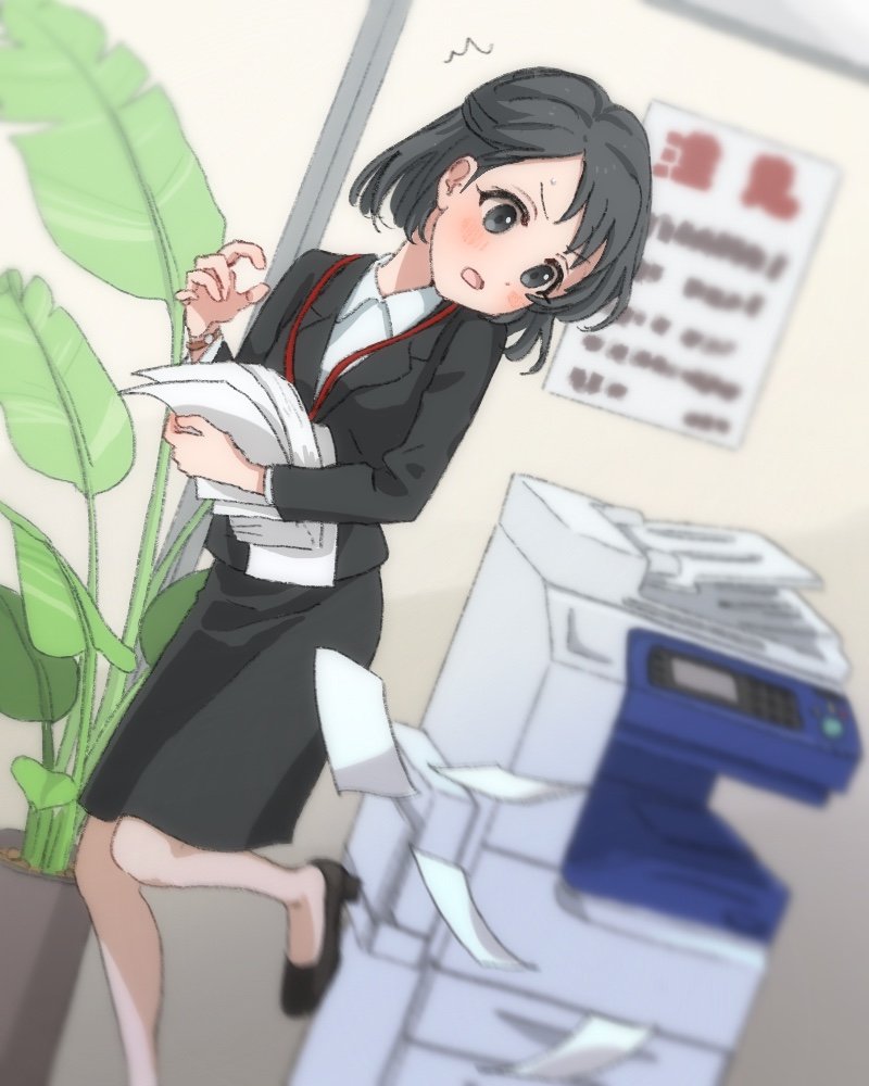 1girl bangs black_eyes black_hair formal half_updo high_heels idolmaster idolmaster_cinderella_girls lanyard megabee_e office office_lady older open_mouth parted_bangs sasaki_chie short_hair skirt skirt_suit suit